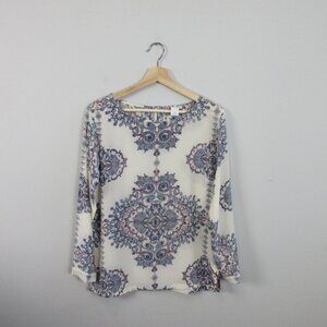 Club Monaco Silk Blouse Women S White Blue Paisley Print Long Sleeve Casual 72